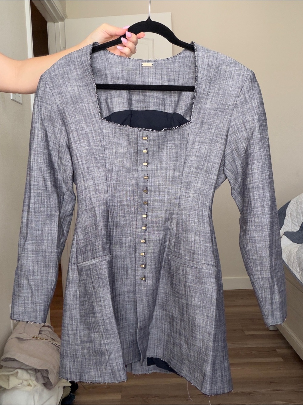 cult gaia Gray Plaid Mini Dress with Square Neck